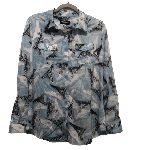 karl Lagerfeld Women’s Paris Eiffel Tower Print Long Sleeve Button Up Shirt M - Picture 2 of 6